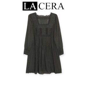 La Cera Long Sleeve Black Lace Yoke Top size L